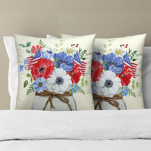 Miniatura 6 de Juego de 2 fundas de cojín decorativas con bandera americana y flores de amapola roja y azul, 16 x 16 pulgadas, fundas cuadradas para sofá, sillón