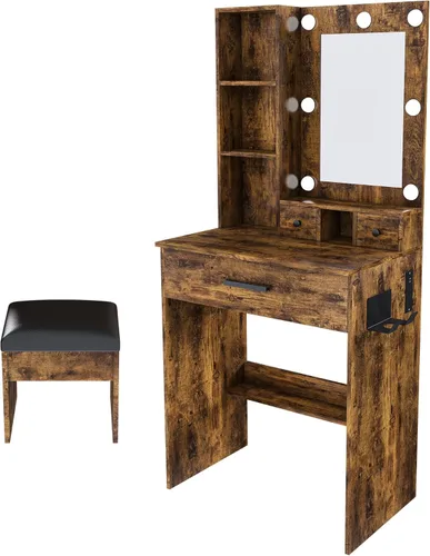Miniatura 11 de Tocador con espejo y luz LED ajustable, toma de corriente incorporada, con 1 cajón grande, 2 cajones compactos, soporte de secador de pelo