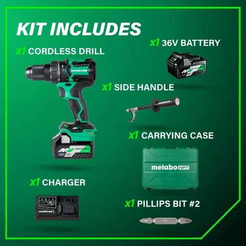Miniatura 8 de Metabo HPT Kit de taladro de martillo inalámbrico MultiVolt™ de 36 V sin escobillas de 1/2 pulgada, kit de taladro eléctrico con baterías Metabo