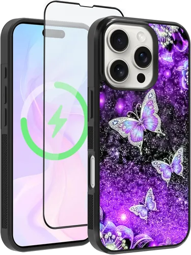 Miniatura 22 de OOK Funda Magnética para iPhone 15 Plus Diseño de Nebulosa Espacial de Flores Morado Profundo [Compatible con MagSafe] PC Duro + TPU Suave