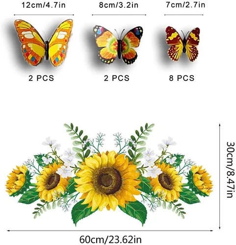 Miniatura 3 de Calcomanías de pared de girasol con mariposa 3D, calcomanías de pared de flores amarillas, SPRT impermeable y extraíble, calcomanías de pared