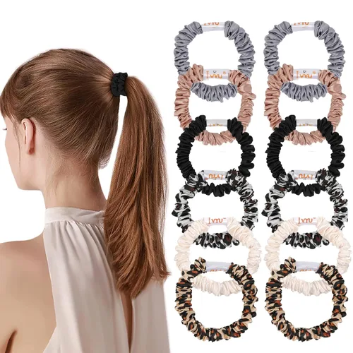 Miniatura 18 de Ivyu, ligas de cabello de seda satinada negras pequeñas mini scrunchy para mujeres, accesorios para cabello grueso, lindos, suaves, sin