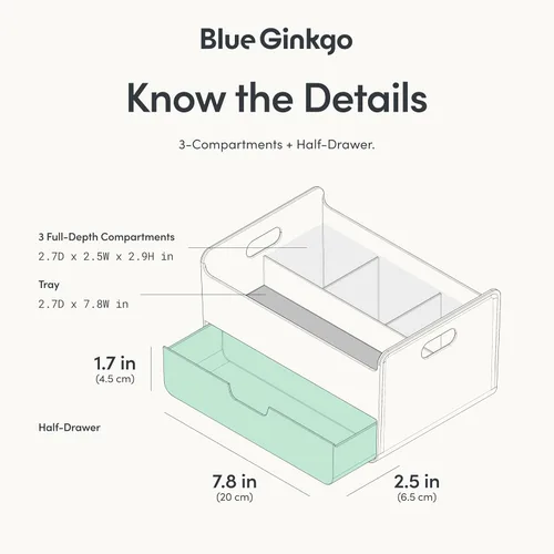 Miniatura 4 de BLUE GINKGO Organizador de escritorio portátil, compacto, 3 compartimentos, almacenamiento de medio cajón, soporte para bolígrafos, organizador
