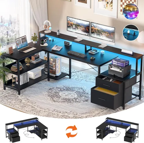 Aheaplus Escritorio en forma de L con toma de corriente, escritorio reversible en forma de L con cajón para archivos y soporte para monitor,