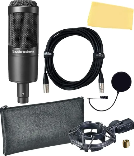 Audio-Technica Paquete de micrófono de condensador cardioide AT2035 con filtro pop, cable XLR y paño de pulido de Austin Bazaar Paquete con filtro