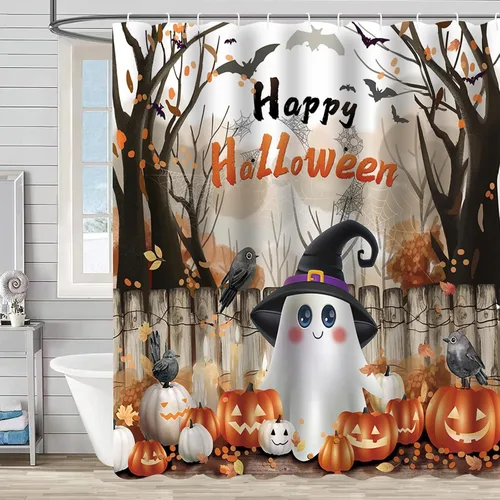 Miniatura 2 de Cortina de ducha de Halloween con fantasmas felices, cortina de baño espeluznante de calabaza malvada y murciélago, hojas de otoño, cortinas