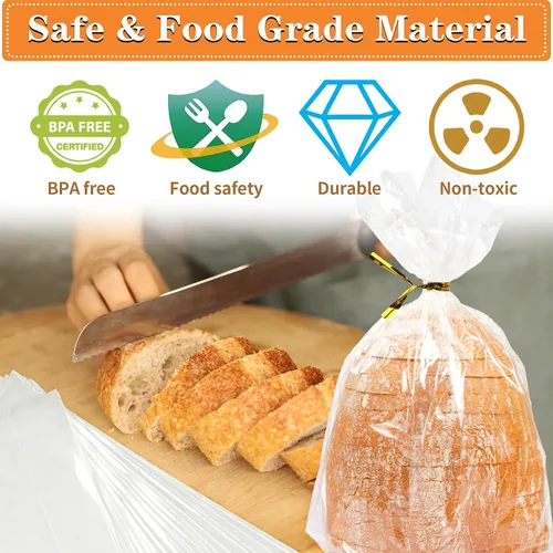 Miniatura 3 de Bolsas de pan con lazos, 100 bolsas de pan transparentes para pan casero y 100 lazos, bolsas de pan ajustables reutilizables de plástico, bolsas