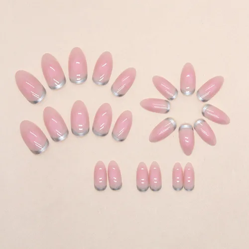 Miniatura 2 de Uñas postizas a presión en forma de almendra, uñas postizas medianas y brillantes, uñas adhesivas con punta francesa, cobertura completa, uñas