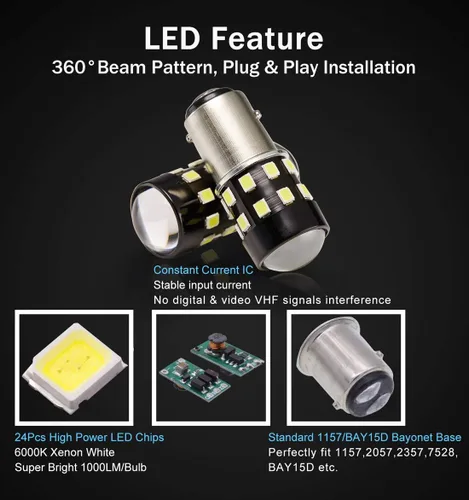Miniatura 3 de Bombillas LED BAY15D superbrillantes 1157 2057 2357 7528 BAY15D 6000K xenón blanco 24-SMD LED chipsets con proyector para luces de marcha atrás