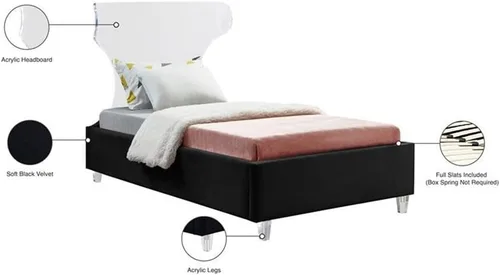 Miniatura 5 de Meridian Furniture Colección Ghost Modern Cama tapizada de terciopelo contemporánea con cabecera y patas acrílicas, tamaño individual, color negro