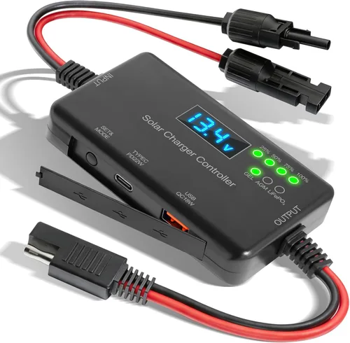 Controlador de carga solar de 20 A de 12 V, 30 V máximo COV | Pantalla LCD, protección múltiple | 22 W tipo C y 18 W USB de carga rápida |