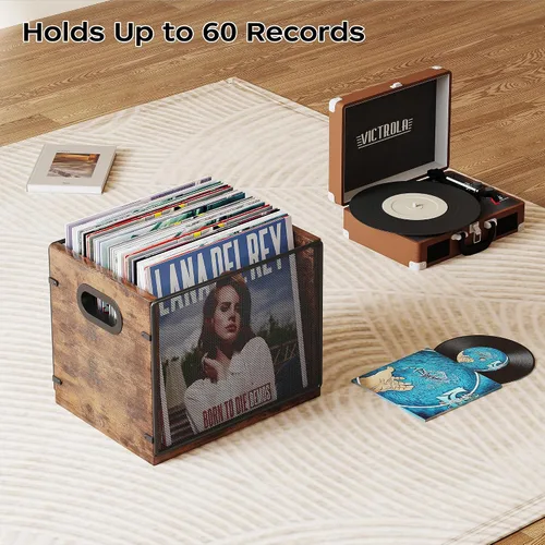 Miniatura 6 de Homeiju Caja de discos de madera y metal, soporte y organizador de álbumes de vinilo, con capacidad para hasta 60 discos