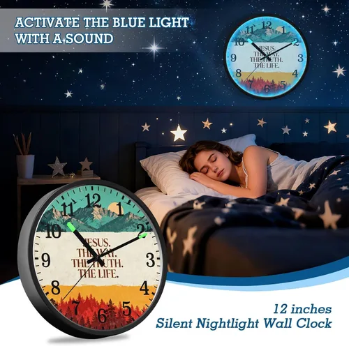 Miniatura 7 de Reloj moderno luminoso activado por voz silencioso sin tictac, funciona con pilas, reloj retro cristiano Jesús Faith de 12 pulgadas para oficina