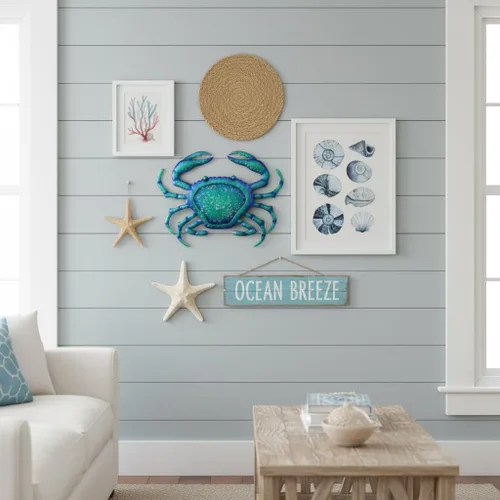 Miniatura 3 de Comfy Hour Decoración de pared de cangrejo de metal azul de 12 pulgadas, escultura temática náutica del océano, arte costero decorativo para playa