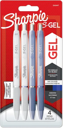 Sharpie S-Gel | Bolígrafos de gel | Punta media (0.028 in) | Barriles de perlas azules y blancas | Tinta negra y azul | 4 unidades Blanco