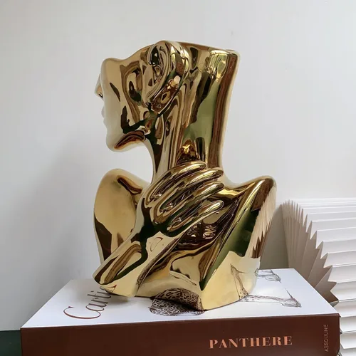 Miniatura 3 de Estatua de cerámica, florero con cara, macetas de busto con forma de cabeza para regalos de cumpleaños, decoración del hogar y la oficina (dorada)