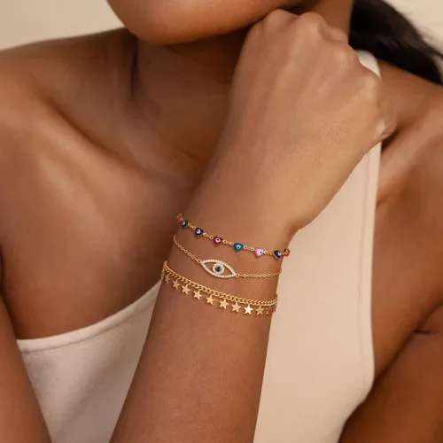 Miniatura 2 de Dremmy Studios Pulsera de oro para mujer, chapada en oro de 18 quilates, delicado clip de circonita cúbica, disco de moneda, estrella, cable