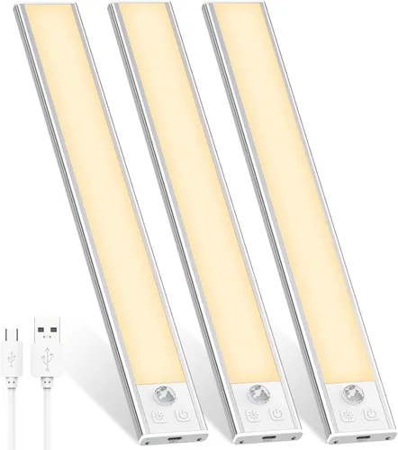 Miniatura 13 de Paquete de 3 luces LED para debajo del gabinete, 32 luces LED de color blanco frío recargables debajo del gabinete, luces LED con sensor de Negro