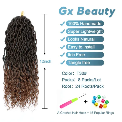 Miniatura 2 de Cabello de Ganchillo Goddess Locs - 8 Paquetes de 12 Pulgadas de Cabello Rizado Faux Locs de Ganchillo para Mujeres Negras, Cabello Rizado 1B-30#
