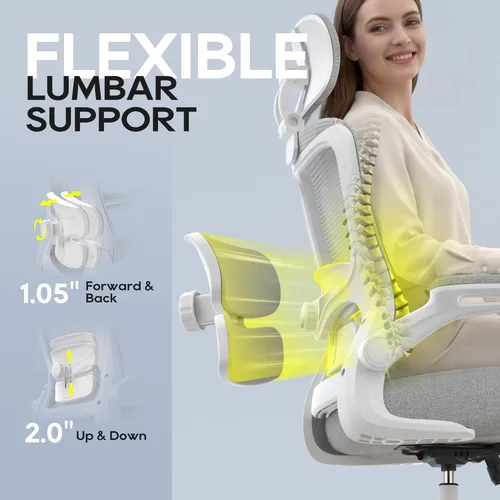 Miniatura 5 de Silla de oficina ergonómica, silla de oficina de malla de respaldo alto con soporte lumbar ajustable, reposabrazos abatibles, silla giratoria