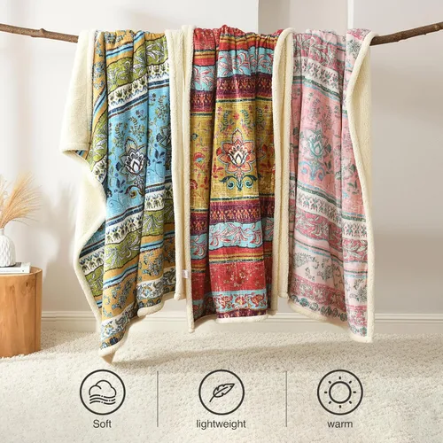 Miniatura 4 de Manta de sherpa boho chic, estampado bohemio vibrante y forro ultrasuave acogedor, elegante y cálida manta de invierno para sofá, cama o decoración