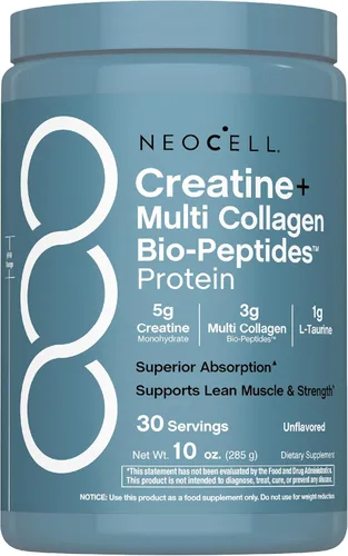 NeoCell Monohidrato de creatina en polvo, 30 porciones, con péptidos de colágeno múltiple, sin sabor, para mujeres y hombres