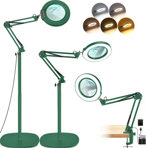 Miniatura 9 de LANCOSC 10X Lupa con luz y soporte, lámpara de pie oscilante ajustable 3-en-1, 5 modos de color, atenuación sin escalones, lupa manos libres con luz