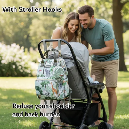 Miniatura 6 de Mochila para pañales de selva tropical, mochila para pañales con diseño de animales con bolsa para monedas, puerto de carga USB, correas para Blanco