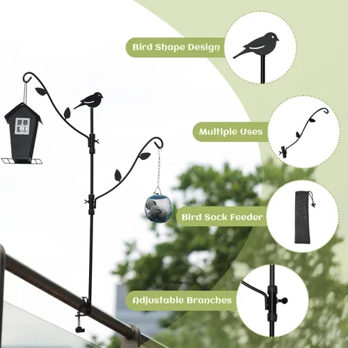 Miniatura 2 de Comedero para pájaros de cubierta con múltiples ganchos y ramas ajustables para porche Poste comedero para pájaros de cubierta-Negro