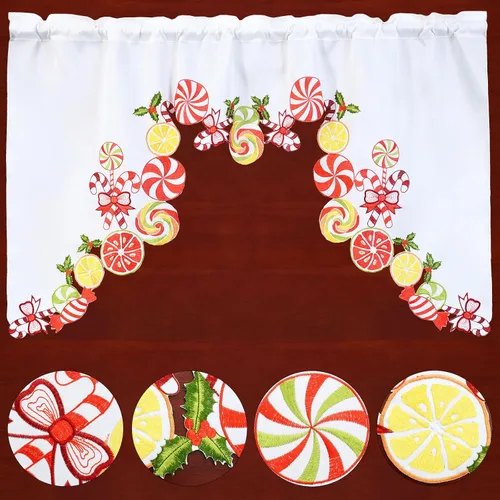 Miniatura 2 de Juego de cortinas bordadas de bastón de caramelo para ventana de cocina con cenefa y niveles para las fiestas navideñas (Bastón de caramelo)