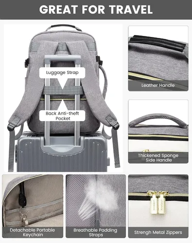 Miniatura 7 de LOVEVOOK Mochila de Viaje Grande para Mujeres Equipaje de Mano Mochila Bolsas de Artículos Personales Esenciales, Mochilas de viaje Gris-beige-negro