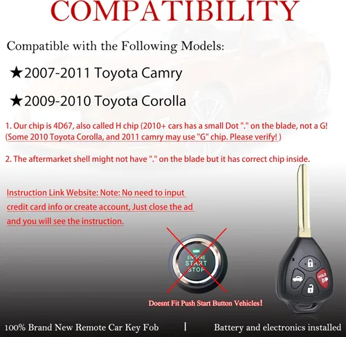 Miniatura 2 de MechanMagic Llavero remoto de reemplazo Compatible con Toyota Camry 2007 2008 2009 2010 2011/Corolla 2009-2010 HYQ12BBY Control remoto de entrada
