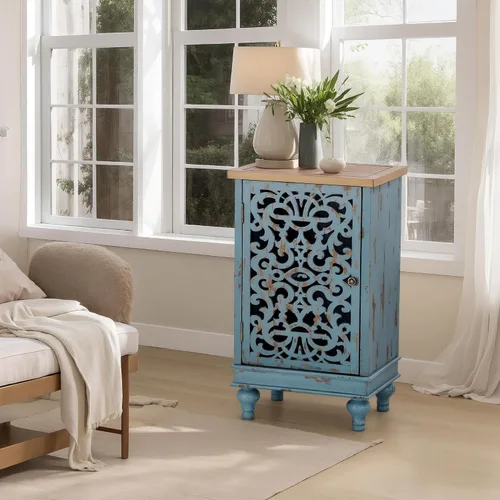 Miniatura 10 de Sophia & William - Armario pequeño de acento con puerta única, mesa auxiliar lateral de 31.5" de altura, mesita de noche desgastada con puerta Azul
