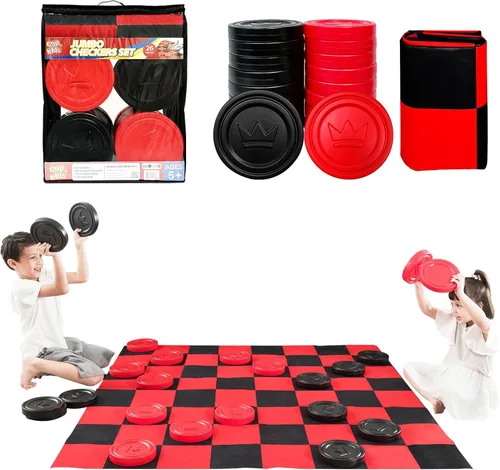 Grip Kids Juego de damas jumbo con bolsa de almacenamiento, tapete de 58 pulgadas, juguetes de juego para exteriores e interiores, juegos de mesa en