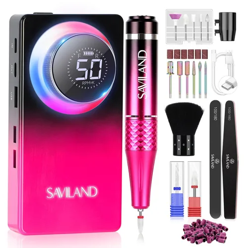 SAVILAND Taladro Eléctrico para Uñas 50000 RPM: Lima Eléctrica Inalámbrica para Uñas Vida de Batería de 10 H Kit de Taladro Recargable para Uñas con