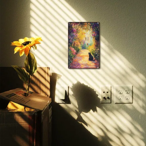 Miniatura 5 de Cartel de metal retro para decoración de pared con diseño de gato negro y jardín, 8 x 12 pulgadas, pintura al óleo de primavera, póster artístico