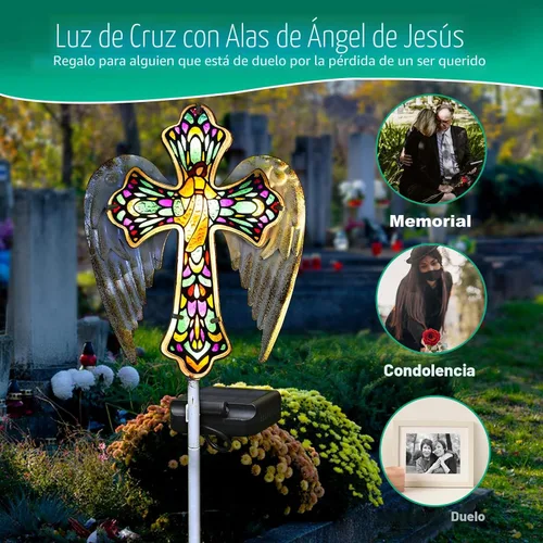 Miniatura 2 de YJFWAL Luz Solar de Estaca de Jardín con Cruz de Cristal, Decoraciones de Cementerio para Luces Exteriores de Tumba, Regalos Conmemorativos
