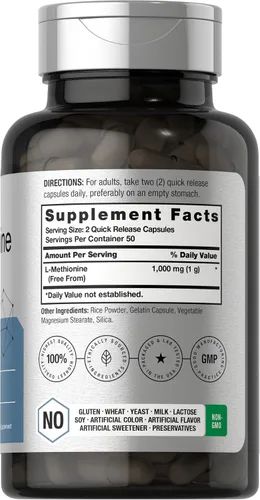 Miniatura 2 de Horbäach L-metionina 1000mg 100 cápsulas Sin OMG, sin gluten Suplemento de forma libre