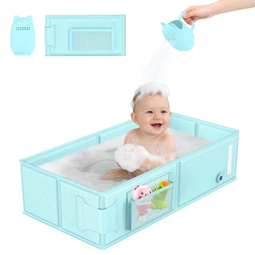 Miniatura 9 de Bañera plegable para bebé, convierte la ducha en bañera, bañera portátil 2 en 1 para niños pequeños con taza de enjuague, sin montaje, fácil de Rosa