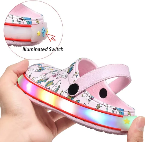 Miniatura 4 de XPKWS Zuecos para niños pequeños, niños y niñas, zapatos de jardín con luces LED, sandalias ligeras con luces, antideslizantes, de secado rápido