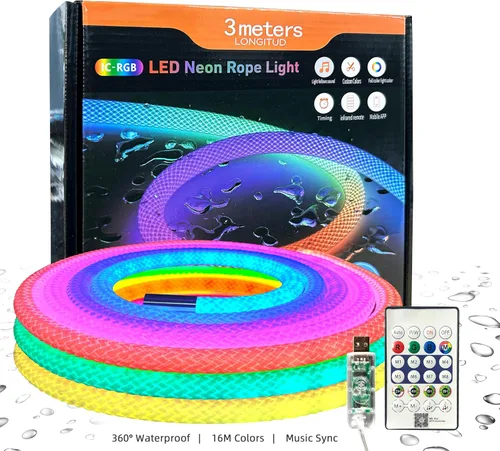 Miniatura 10 de Luces de cuerda LED de neón de 6.56 pies, luces impermeables con sincronización de música con control remoto y APP, alimentadas por USB, iluminación