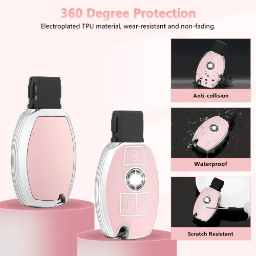 Miniatura 6 de PIFOOG Funda para llavero Mercedes, 3 botones, color rosa, TPU brillante, accesorios para llaves de automóvil, funda protectora para Mercedes Benz