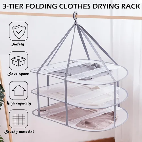 Miniatura 2 de Estante de secado de ropa plegable de malla de 3 niveles, estante de secado apilable para suéteres con fijación interna, estante portátil