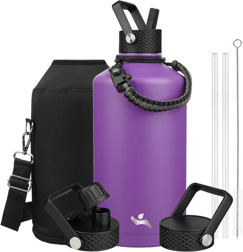 Miniatura 19 de Konokyo - Botella de agua aislada de 18 onzas, botellas deportivas de acero inoxidable con 3 tapas, verde militar