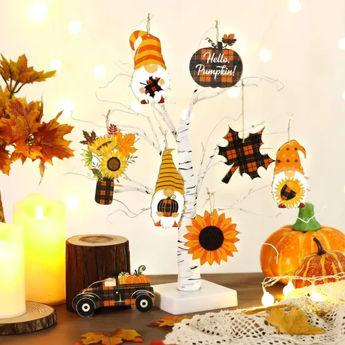 Miniatura 6 de Weysat 24 adornos de otoño para árbol de Acción de Gracias, gnomos de madera, adornos colgantes de gnomos de girasol, decoración de madera