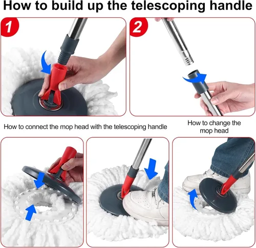 Miniatura 4 de Sistema de limpieza de trapeador giratorio de 360° y cubo, trapeador y cubo con escurridor para el hogar, mopa de polvo húmedo para limpieza