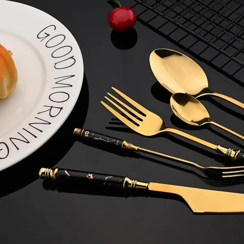 Miniatura 2 de JASHII Juego de cubiertos con mango de plástico texturizado de mármol para 4, cubiertos de acero inoxidable, 20 piezas, incluye tenedor de cuchara