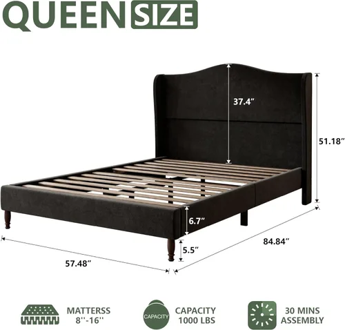 Miniatura 2 de Base de cama tapizada tamaño Queen, cabecera de tela de felpilla de 51 pulgadas de alto con diseño clásico de respaldo curvado de alas, patas