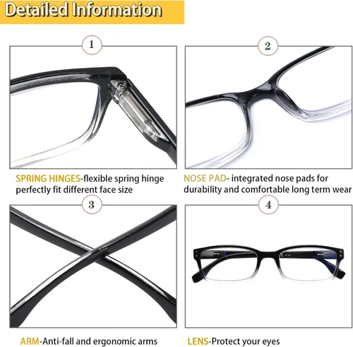 Miniatura 3 de Kerecsen Paquete de 4 Gafas de Lectura para Hombres y Mujeres con Bisagras de Resorte, Anteojos Rectangulares Negros Ligeros para Lectura