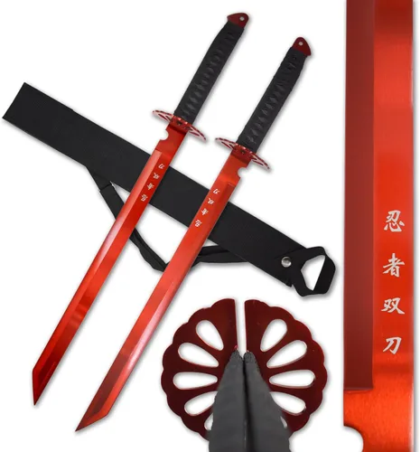 Miniatura 5 de Juego de espada ninja doble con mango envuelto de nailon negro, 28 pulgadas en total, hoja de acero inoxidable de 18.25 pulgadas, incluye correa